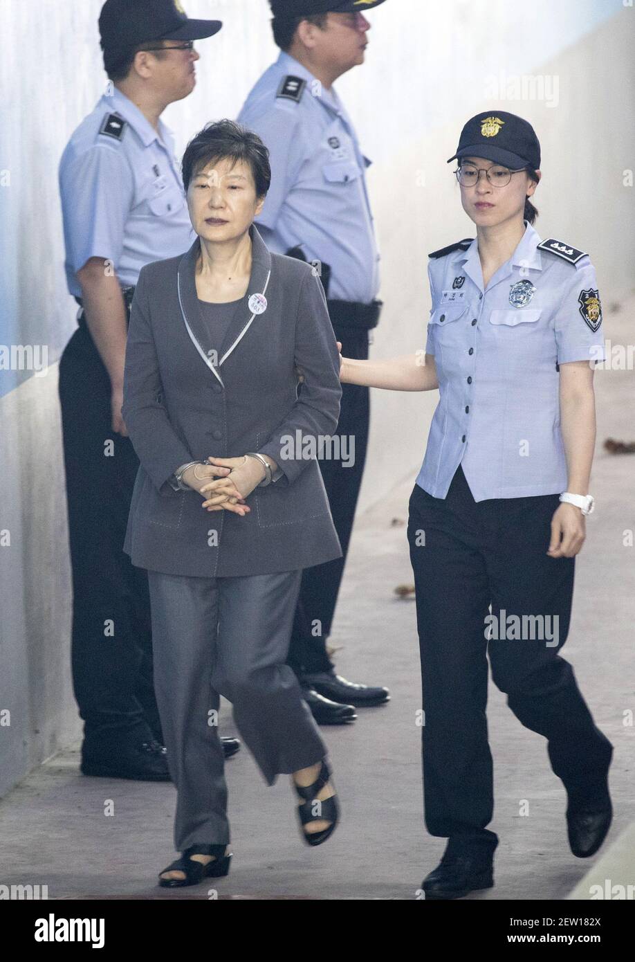 7 August 2017 - Seoul, South Korea : South Korea's former President Park Geun-hye arrives court her trial for a political scandal at the Seoul Central District Court in Seoul, South Korea on August 7, 2017. Lee Jae-yong, vice chairman of Samsung Electronics Co., last week rejected allegations that he paid bribes to a friend of South Koreas former president to secure support for a key merger. Lee, prosecutors demand to 12 years imprisonment monday court hearing. Photo Credit: Lee Young-ho *** Please Use Credit from Credit Field *** Stock Photo
