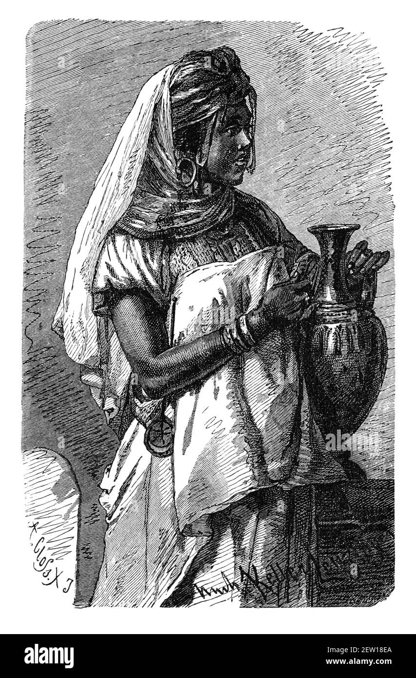 Young Berber woman from Kabylia, northern Algeria today.Culture and history of North Africa. Vintage antique black and white illustration. 19th century. Stock Photo
