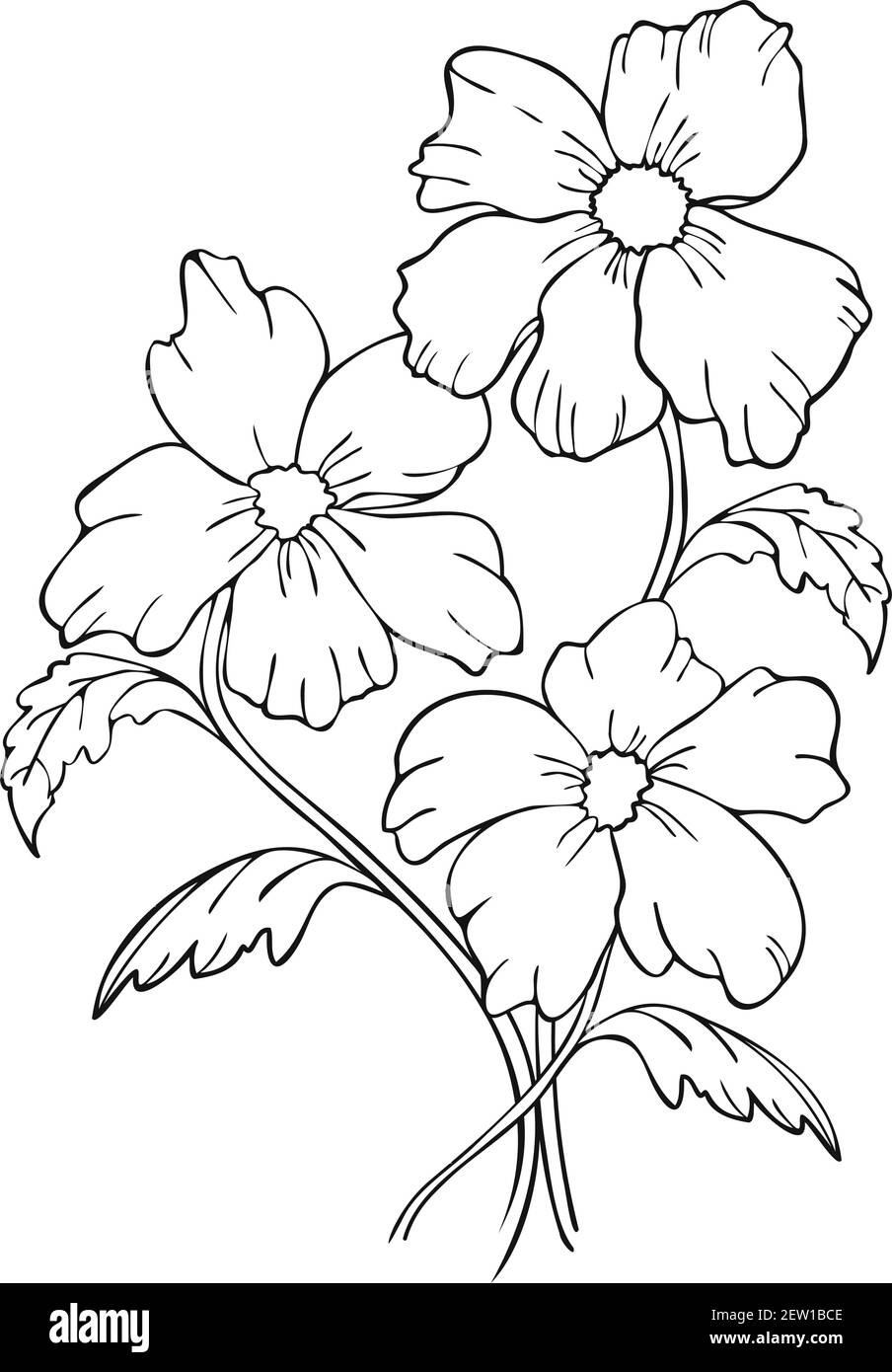 Vector illustration bouquet of black and white blooming flowers. Flowers silhouettes design for coloring book. Stock Vector