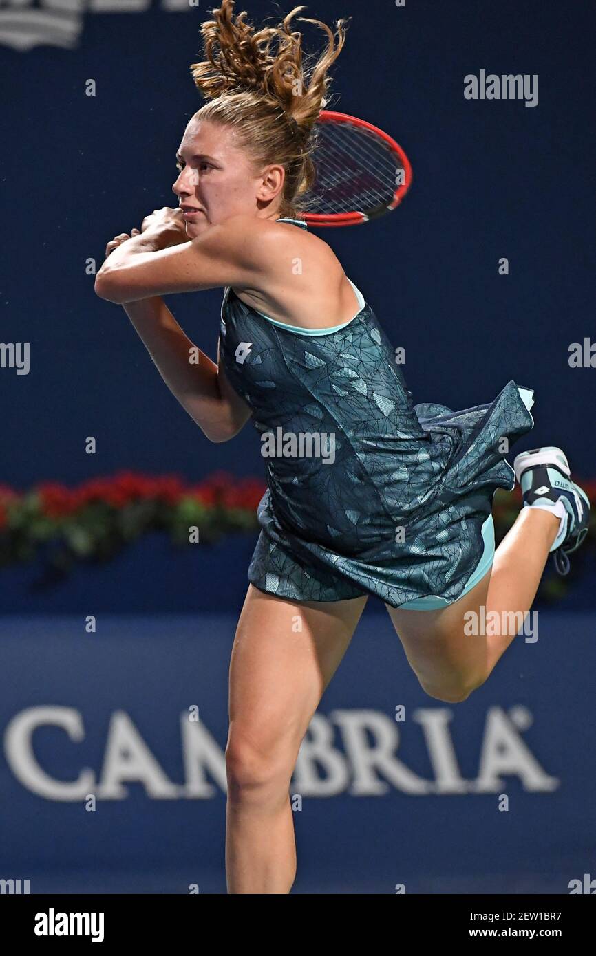 Aug 8, 2017; Toronto, Ontario, CAN; Ekaterina Alexandrova (RUS) volleys to Caroline Wozniacki (DEN) during the Rogers Cup tennis tournament at Aviva Centre. Mandatory Credit: Gerry Angus-USA TODAY Sports *** Please Use Credit from Credit Field *** Stock Photo