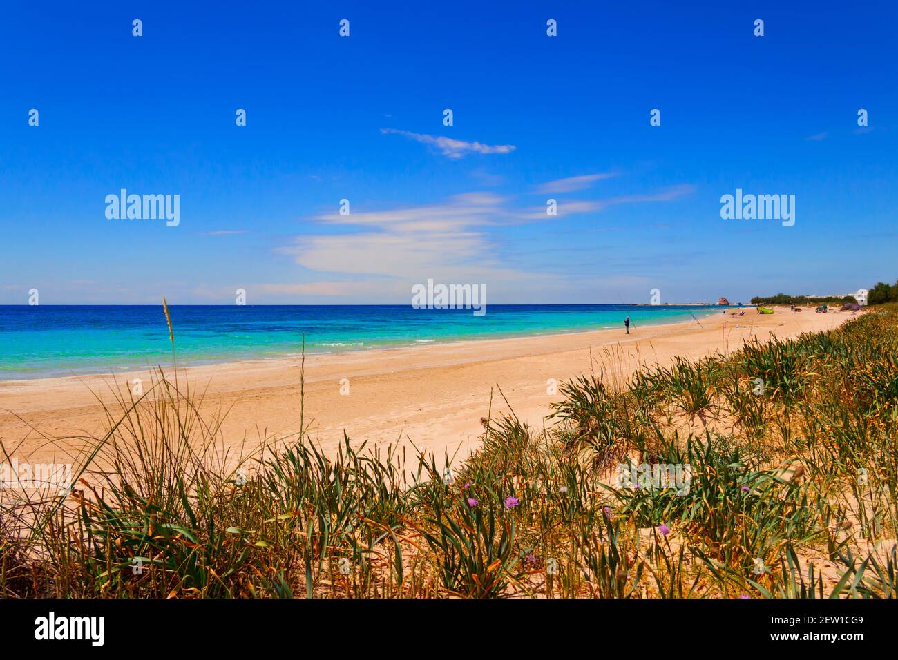 The most beautiful sandy beaches of Apulia: Marina di Salve. From Torre Pali to Pescoluse the shore is made of a so fine white sand. Stock Photo