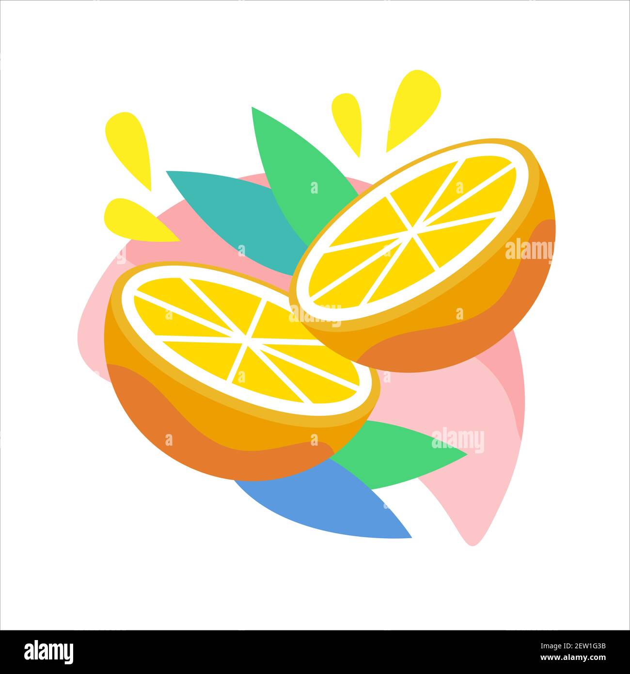Citrus orange fruit icon with juicy drops and leaves. Orange half cutted. Illustration in isometric minimalistic style and trendy fashion color. Vecto Stock Vector