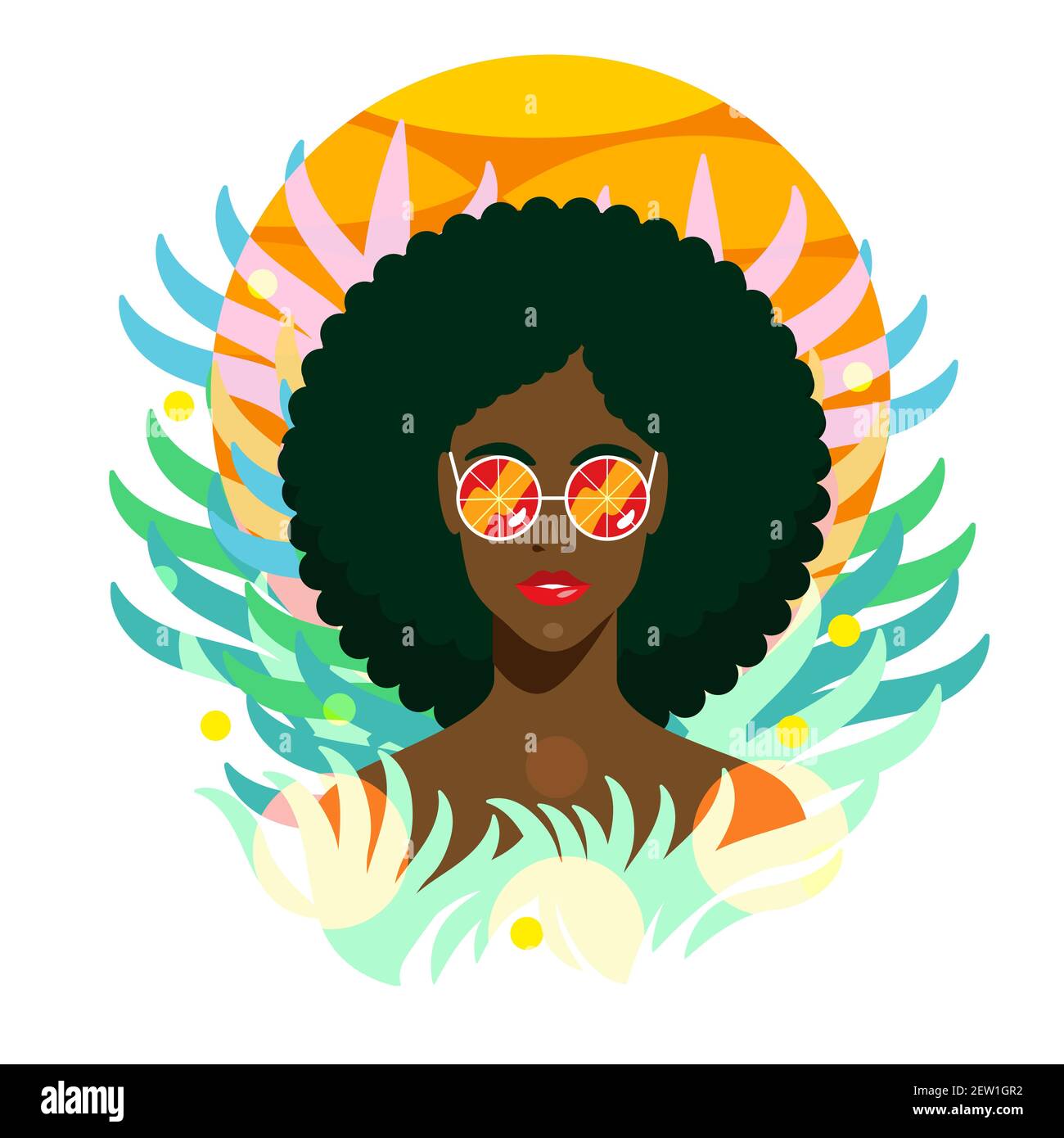 Beautiful african women portrait in sunglasses. Summer trendy image with black skin model girl cartoon character with huge afro hairstyle on tropical Stock Vector