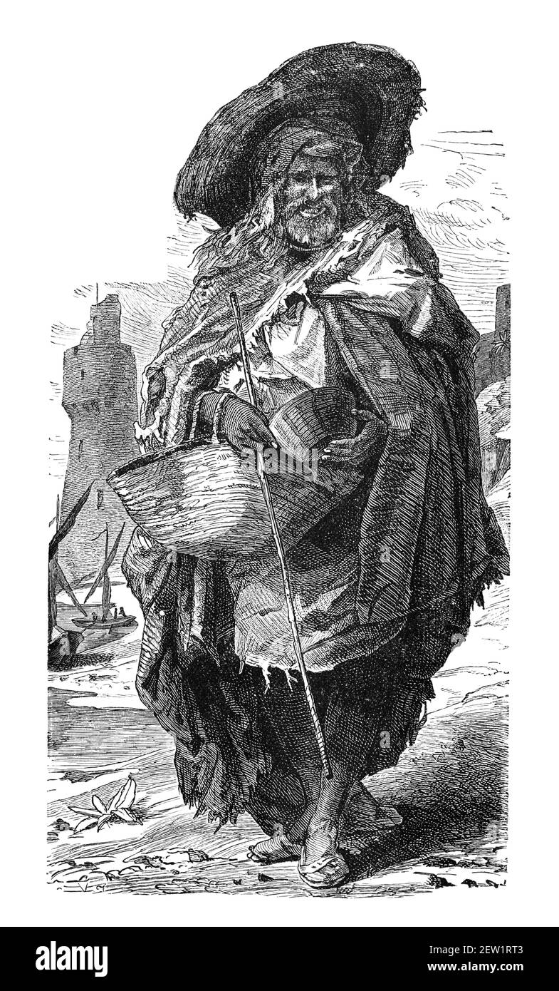 Poor Arab beggar. Culture and history of North Africa. Vintage antique black and white illustration. 19th century. Stock Photo