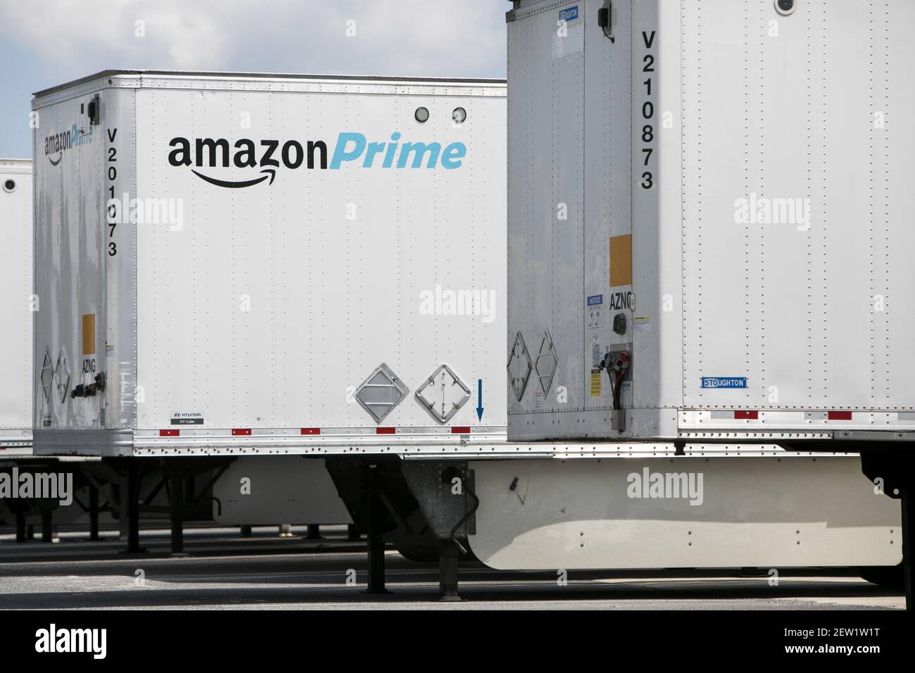 Amazon Prime truck trailers outside of a Amazon Fulfillment center in