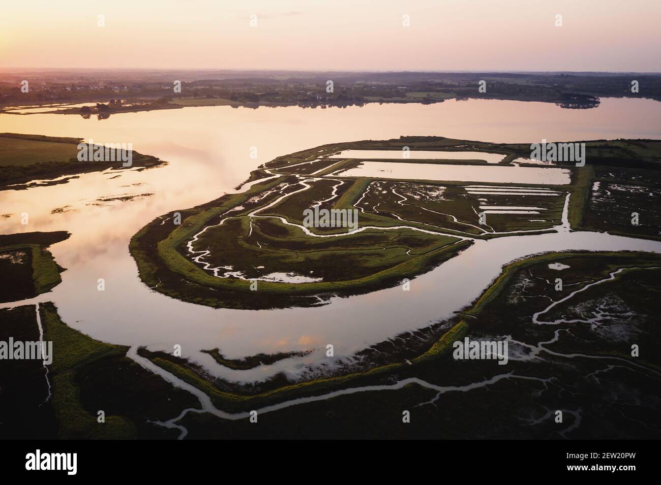 France, Morbihan, aerial view of the Séné marshes nature reserve at dawn (aerial view) Stock Photo
