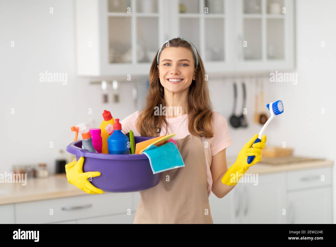 Cleaning Supplies Happy Portrait Woman Housekeeping Cleaning