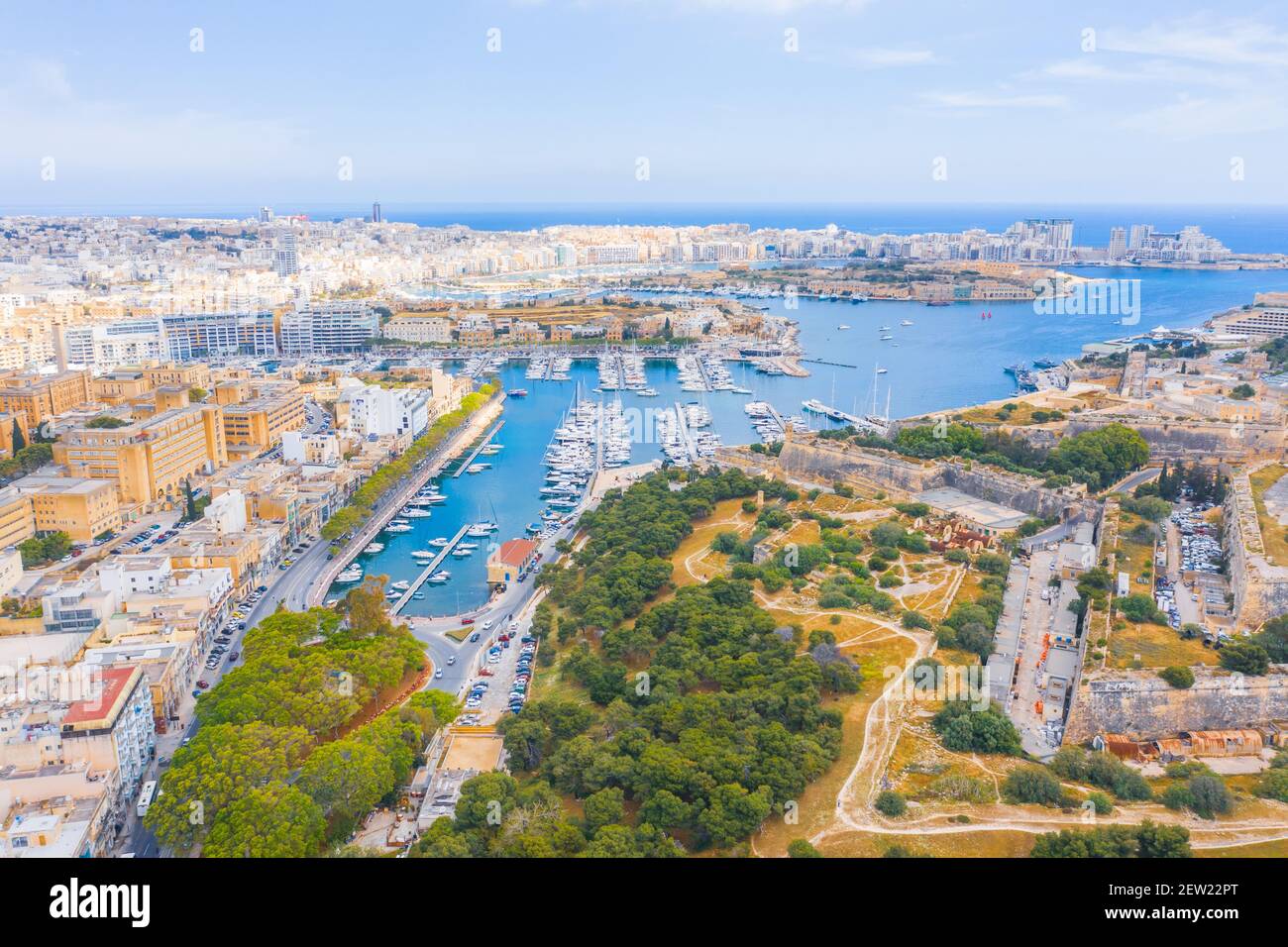 Valletta, Malta - Aerial panoramic skyline day time view of Valletta, Sliema, Manoel Island, Gzira, Ta' Xbiex, Msida Stock Photo
