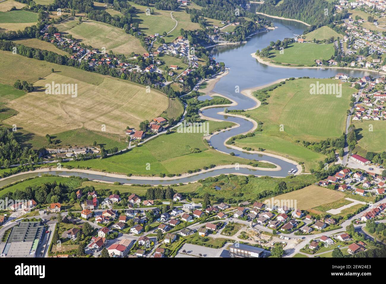 France, Doubs, Villers le Lac, Bassins and Saut du Doubs, Chaillexon lake (aerial view) Stock Photo