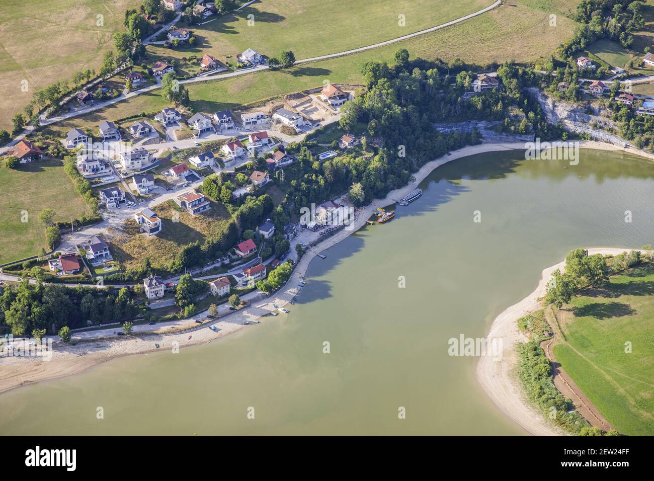 France, Doubs, Villers le Lac, Bassins and Saut du Doubs, Chaillexon lake (aerial view) Stock Photo