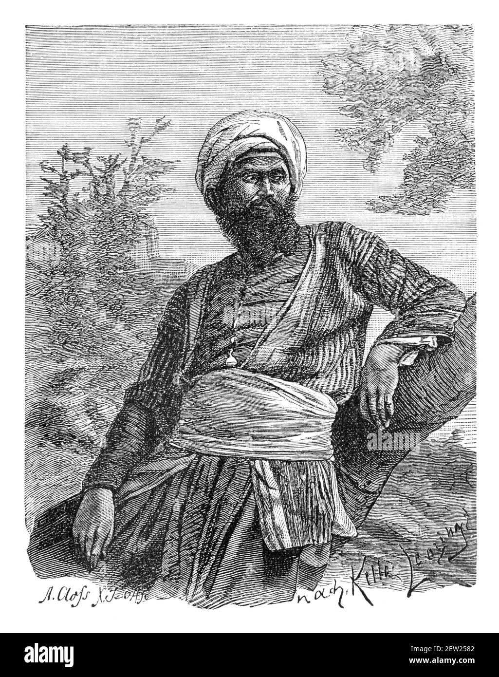 Arab sheikh or nobleman. Culture and history of North Africa. Vintage antique black and white illustration. 19th century. Stock Photo
