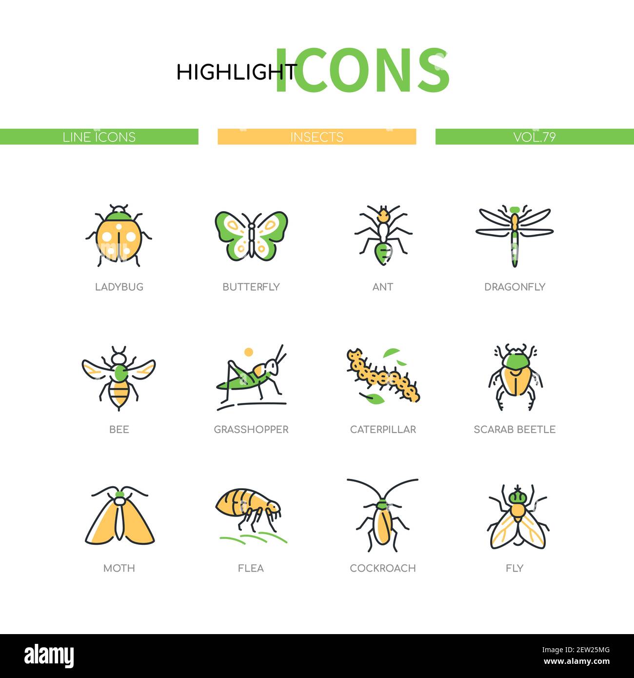 Insects collection - modern line design style icons set on white background. Images of ladybug, butterfly, ant, dragonfly, bee, grasshopper, caterpill Stock Vector