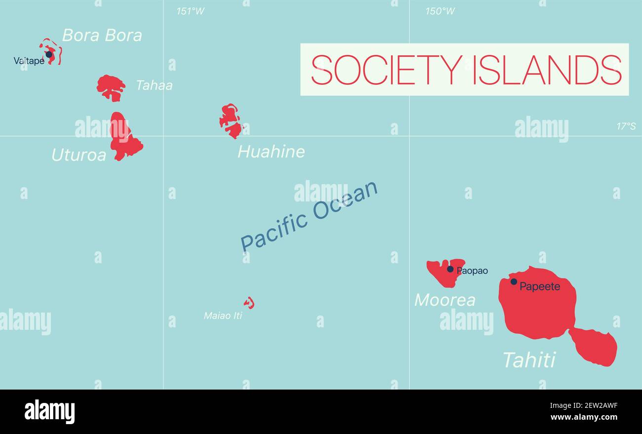 Society Islands detailed editable map with cities and towns, geographic sites. Vector EPS-10 file Stock Vector