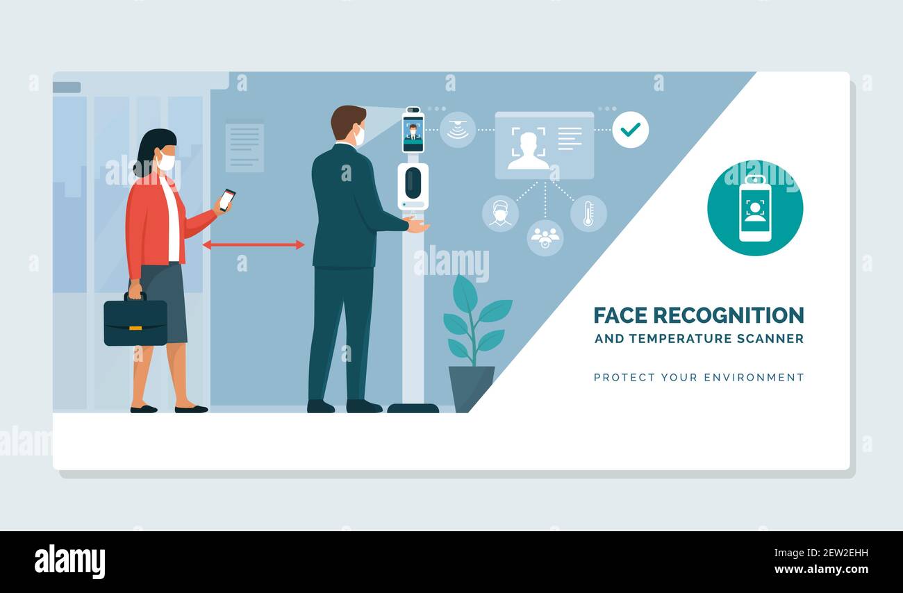 Business people standing in front of a thermal temperature measurement device: Face recognition, body temperature check and hand sanitizer Stock Vector