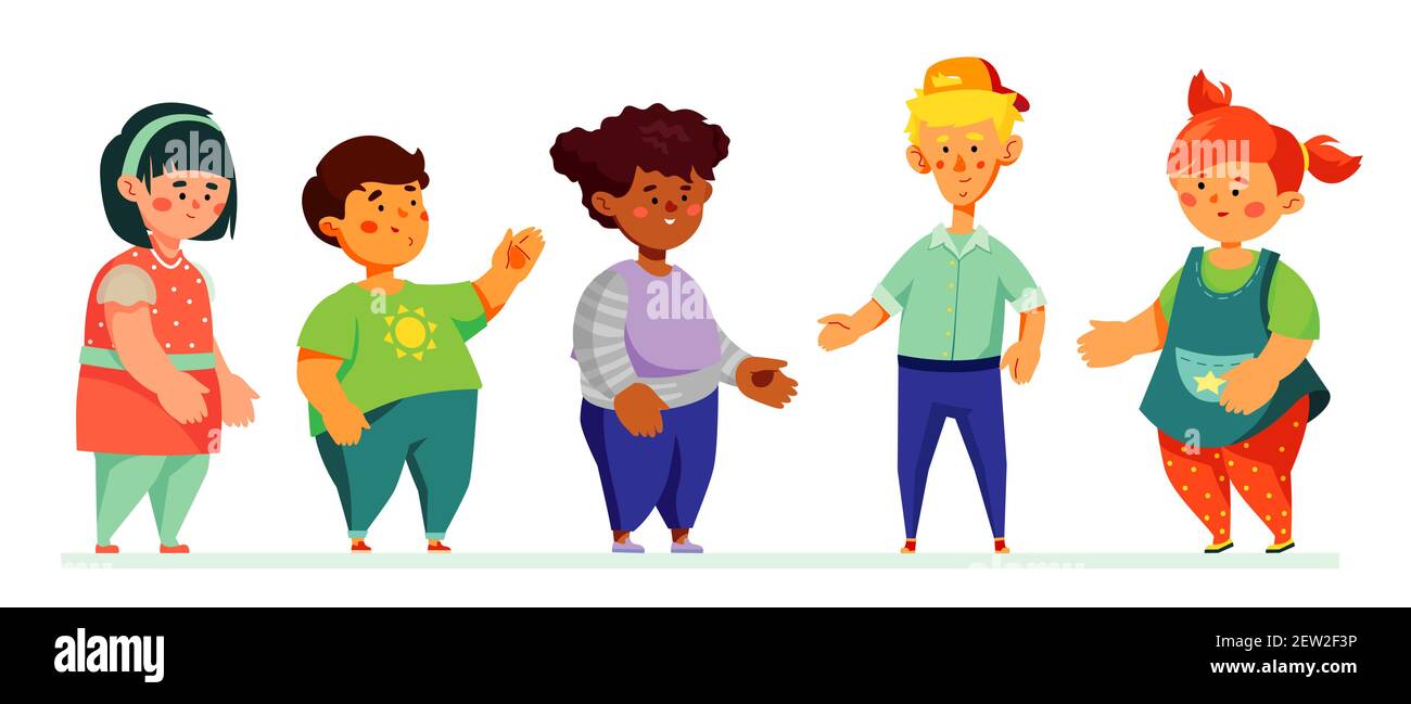 Happy preschool children - colorful set of characters on white background. Cheerful two boys and three girls, kindergarteners standing together. Colle Stock Vector