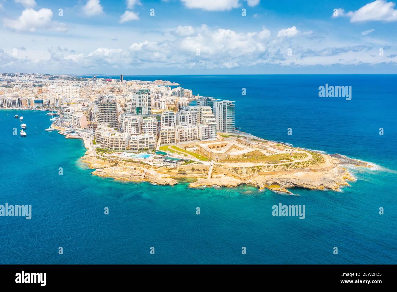 Valletta, Malta - Aerial panoramic skyline day time view of Valletta, Sliema, Gzira, Ta' Xbiex, Msida Stock Photo
