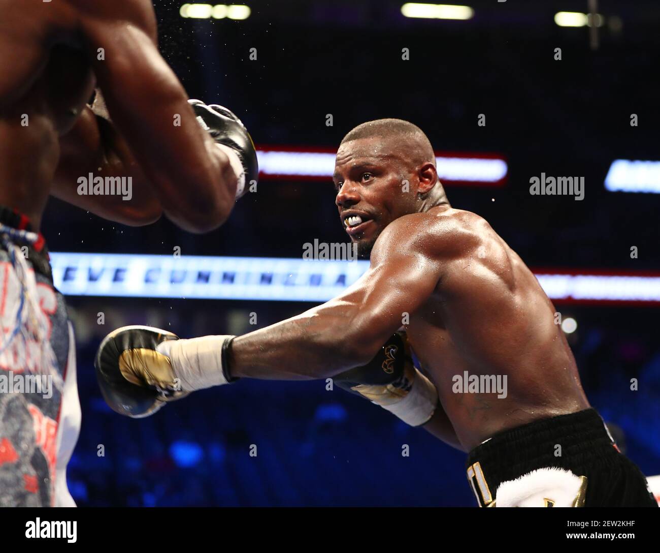 Aug 26, 2017; Las Vegas, NV, USA; Andrew Tabiti fights against Steve Cunningham during a boxing match at T-Mobile Arena. Mandatory Credit: Mark J. Rebilas-USA TODAY Sports Stock Photo