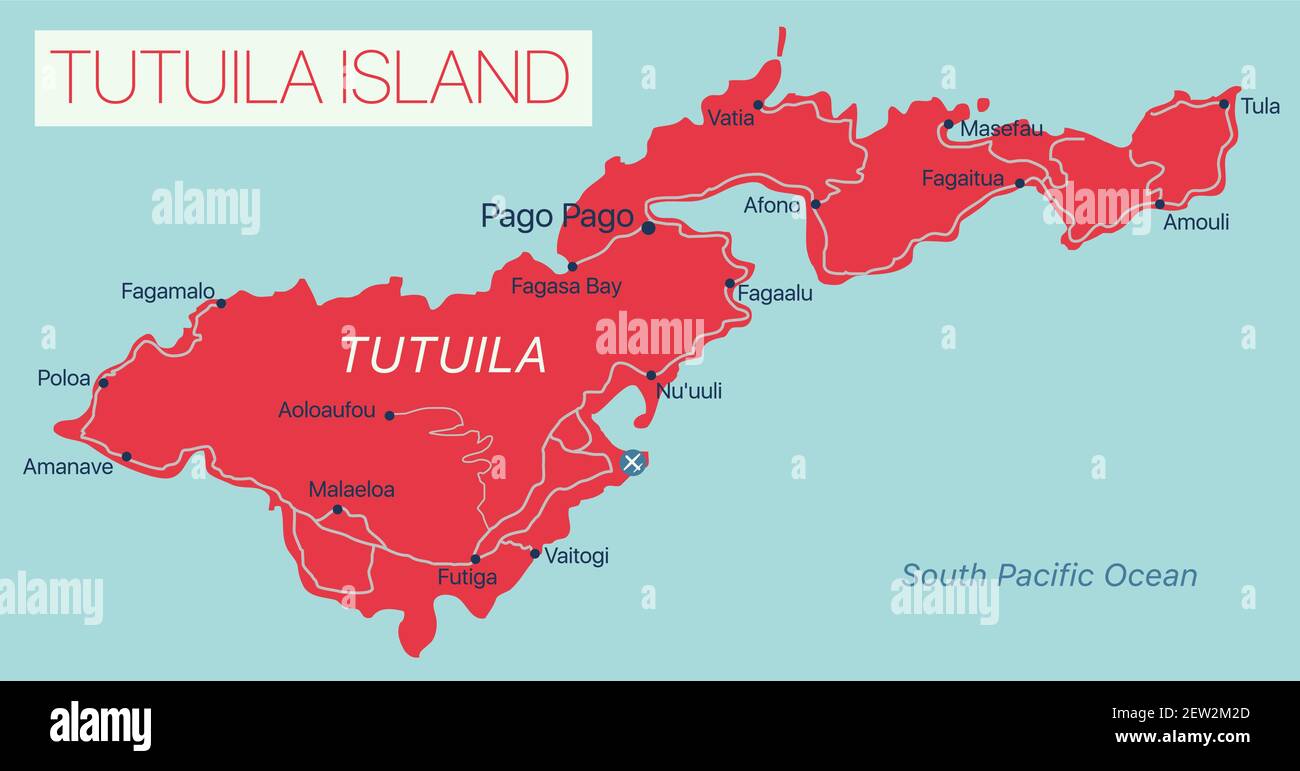 Tutuila Islands detailed editable map with cities and towns, geographic sites. Vector EPS-10 file Stock Vector