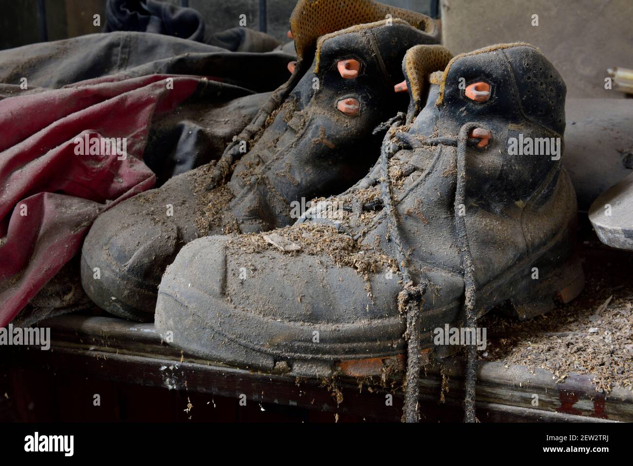 Old worn mens work boots close up Stock Photo