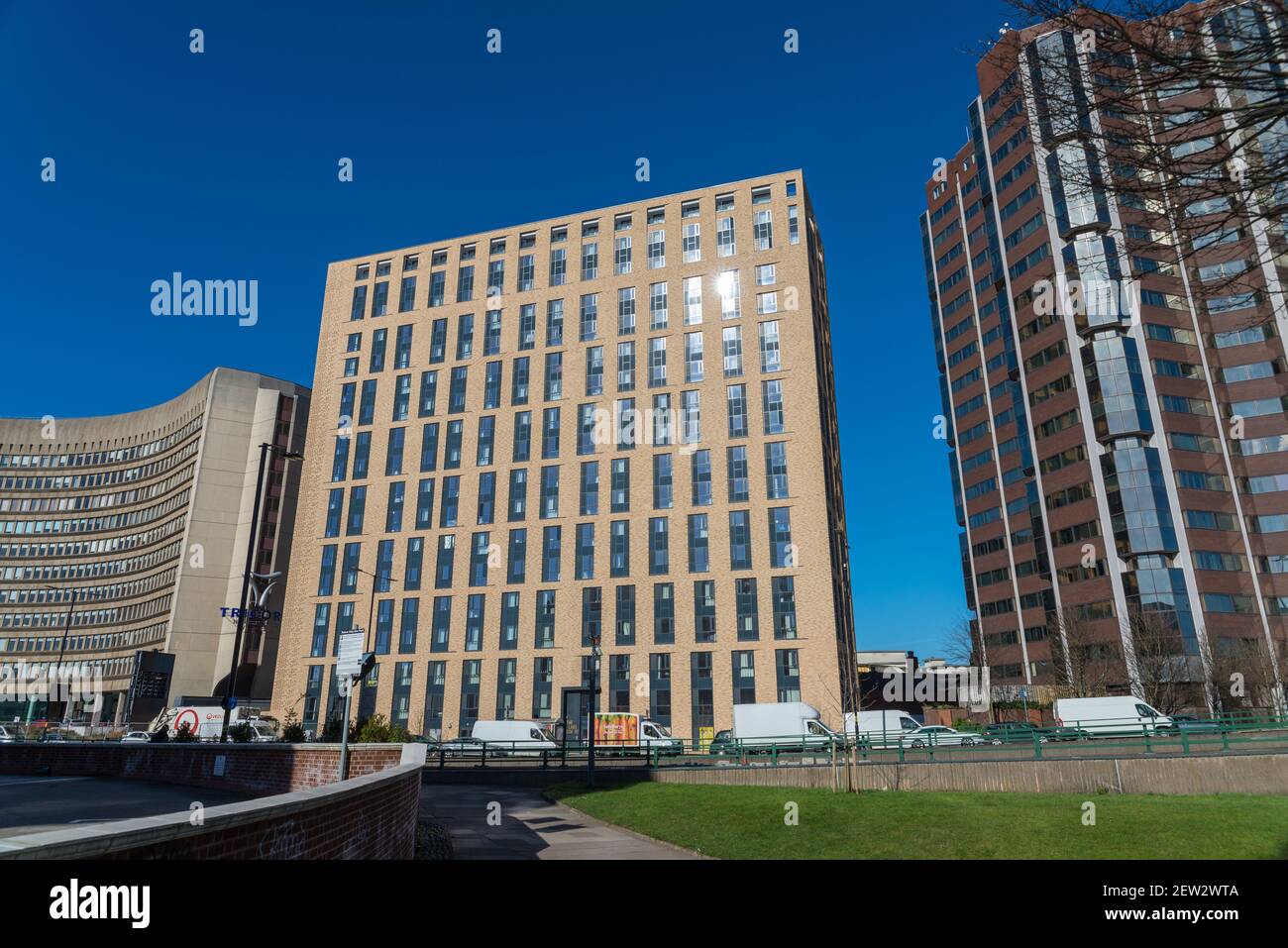 Modern high-rise buildings on the Hagley Road, Edgbaston, Birmingham which are apartments Stock Photo