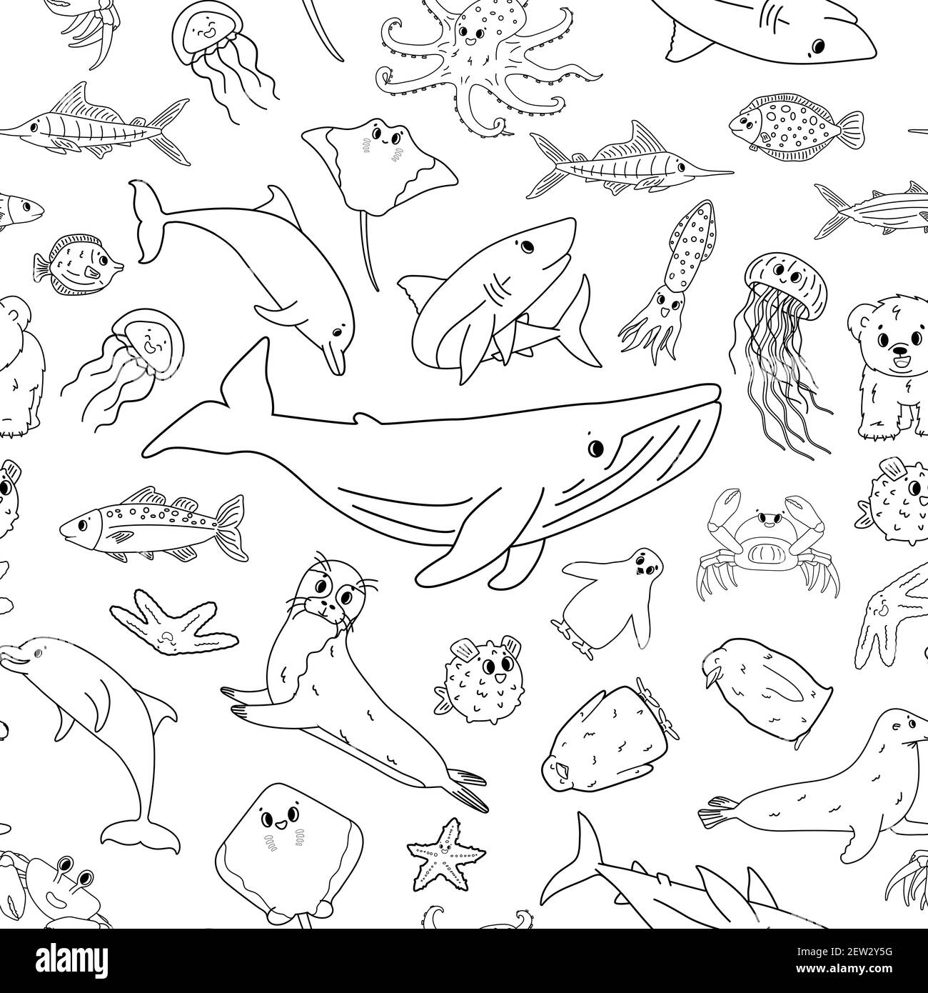 Black white seamless vector pattern of cartoon outline isolated sea ocean  animals. Whale, dolphin, shark, stingray, jellyfish, fish, stars, crab, king  Stock Vector Image & Art - Alamy
