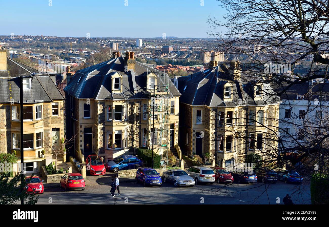 Semi-detached houses on York Gardens, Clifton Village, Bristol with the city beyond Stock Photo