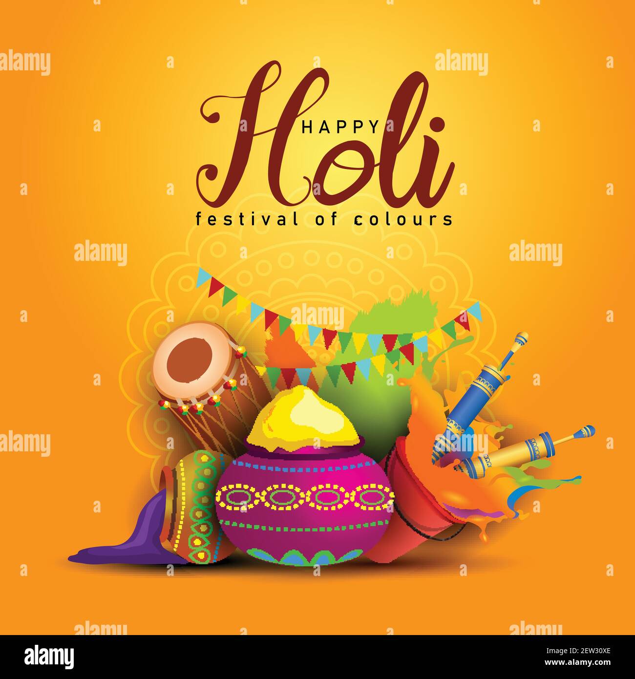 Happy Holi, poster, banner, template. Stylish text with holi elements.  vector illustration design yellow background Stock Vector Image & Art -  Alamy