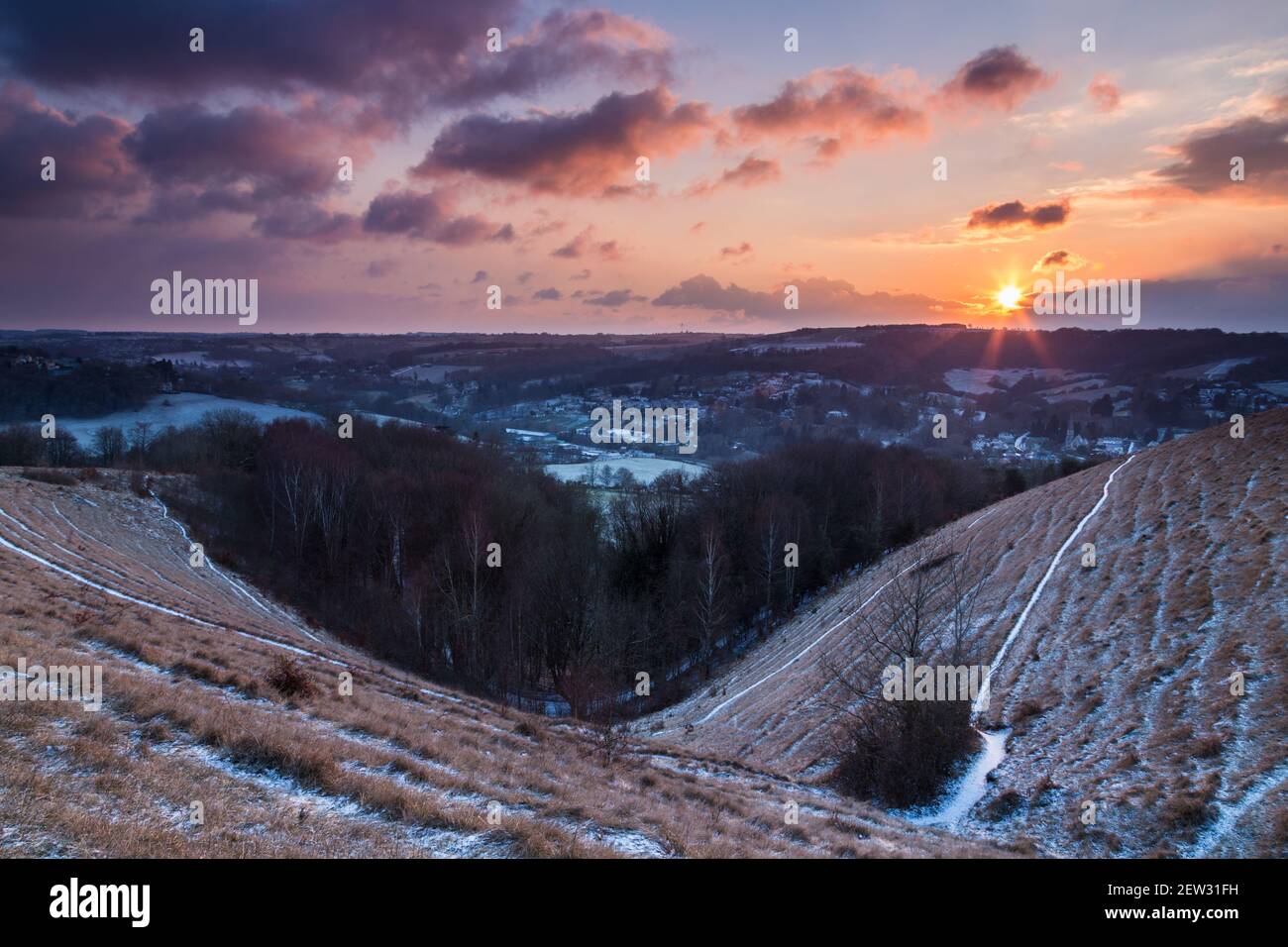 Winter sunset over Woodchester, Gloucestershire Stock Photo