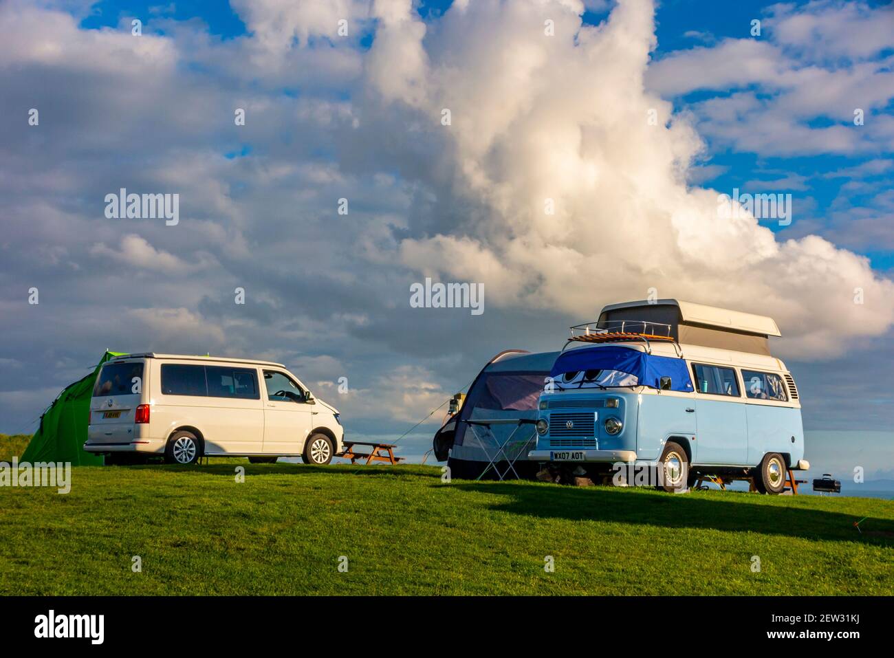 Camper vans at the campsite at Three Cliffs Bay on the south coast of the Gower Peninsula near Swansea in South Wales UK Stock Photo