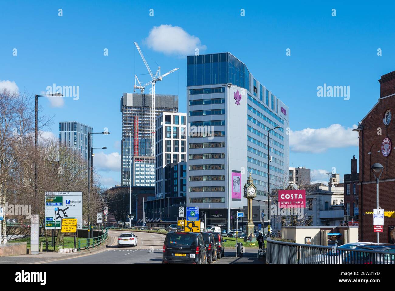 Birmingham skyline at Five Ways showing high rise buildings on Broad Street and the Park Regis Hotel Stock Photo