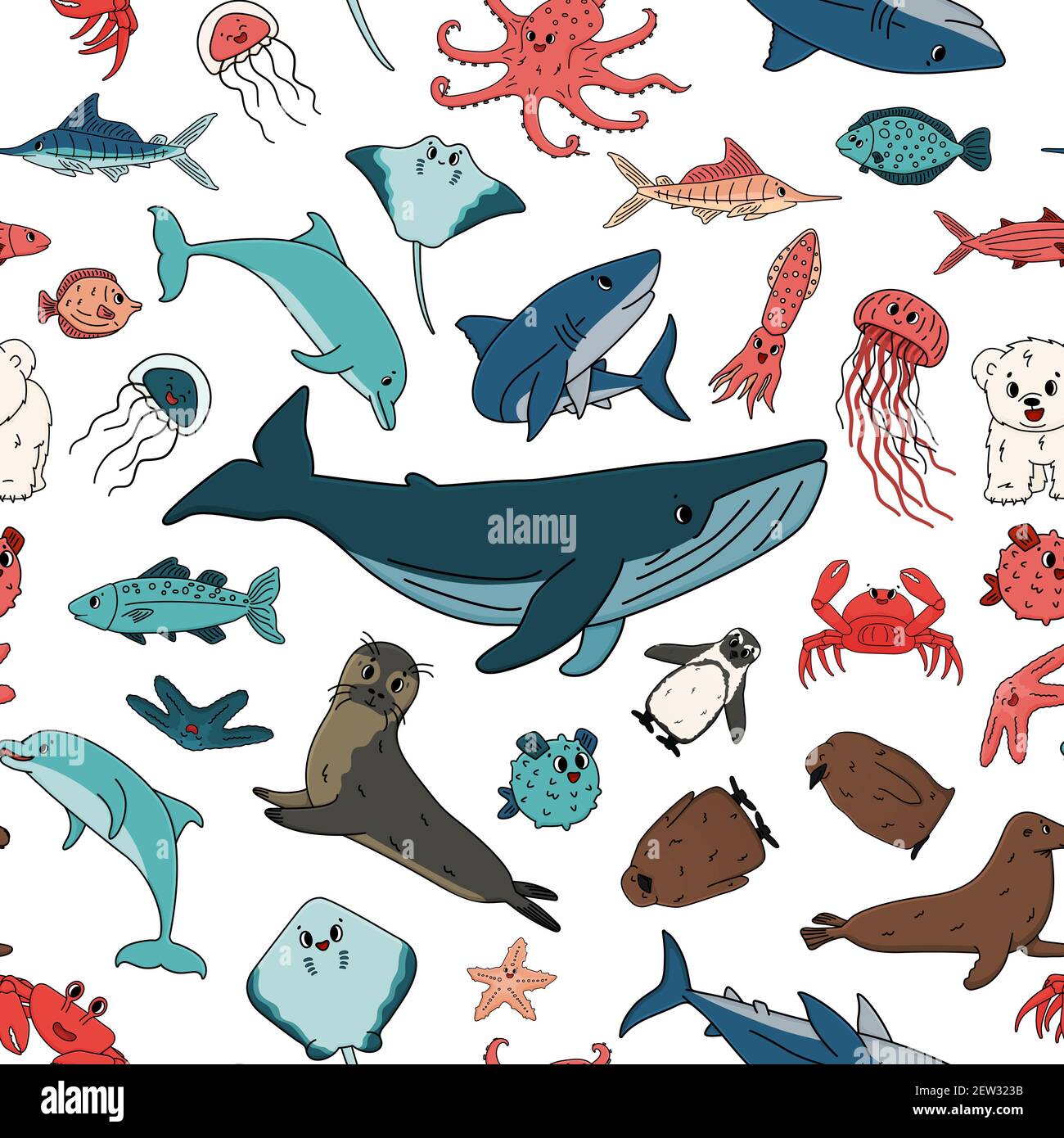 Seamless vector pattern of cartoon outline isolated sea ocean animals. Doodle whale, dolphin, shark, stingray, jellyfish, fish, stars, crab, king Peng Stock Vector Image & Art - Alamy Seamless vector pattern of cartoon outline isolated sea ocean animals. Doodle whale, dolphin, shark, stingray, jellyfish, fish, stars, crab, king Peng Stock Vector Image & Art - Alamy
