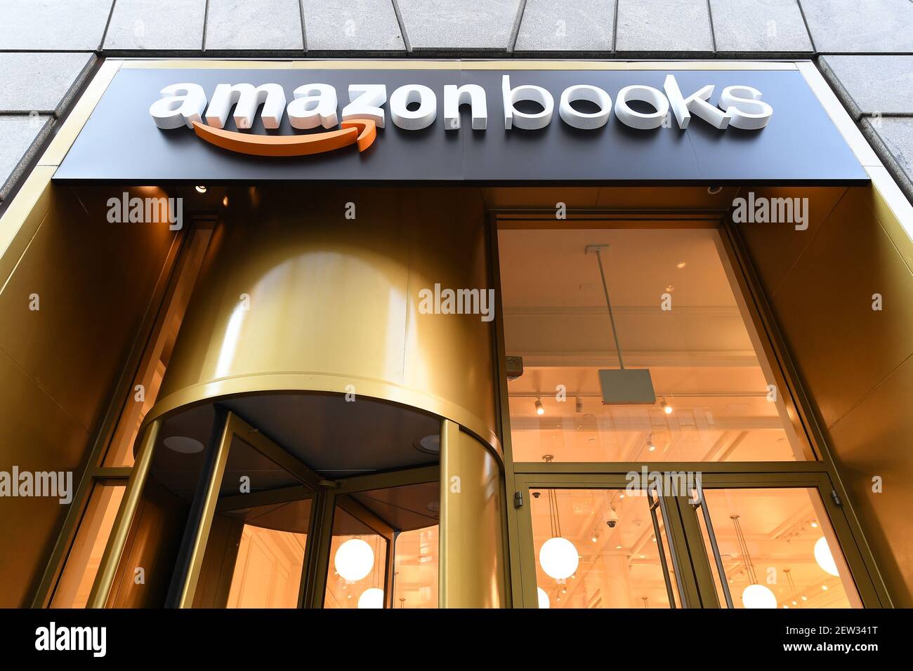 Entrance of Amazon bookstore located at 34th Street in New York, NY, on