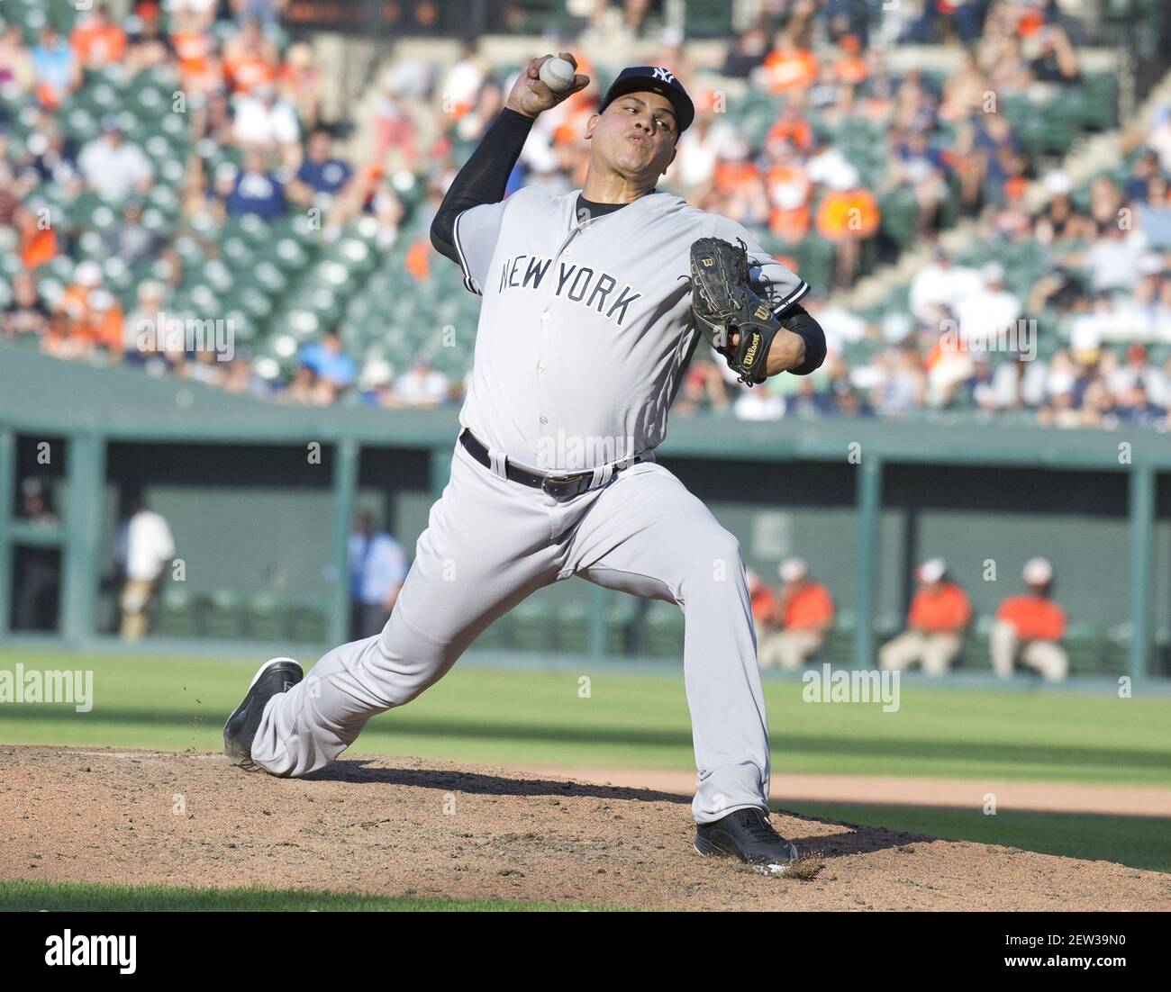 New York Yankees relief pitcher Dellin Betances (68) pitches in the ninth  inning against the Baltimore Orioles at Oriole Park at Camden Yards in  Baltimore, MD on Monday, September 4, 2017. The