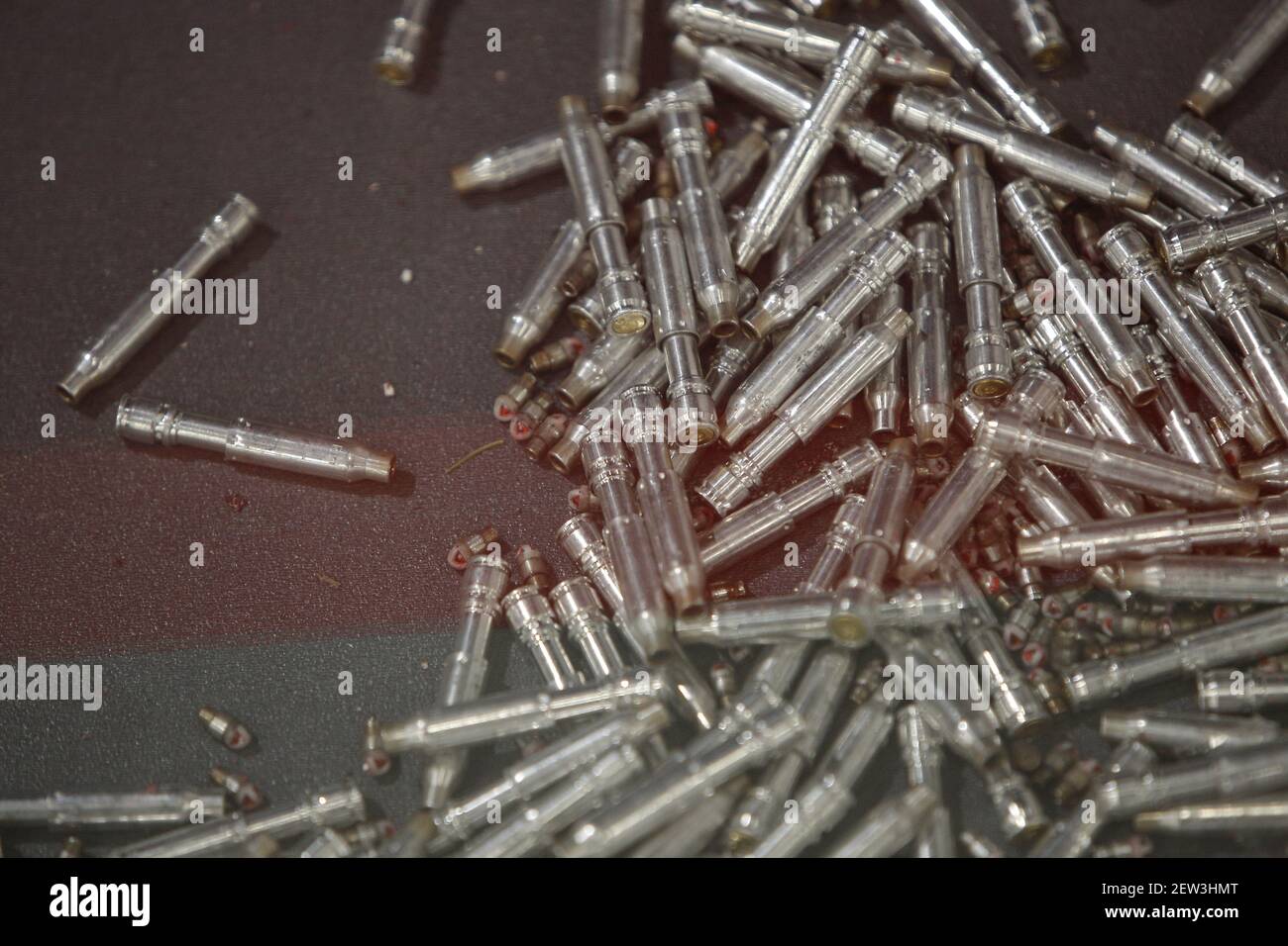 Bullet casings from the Polish made Grot automatic rifle are seen at the 25th International Defence Industry Exhibition in Kielce, Poland on September 8, 2017. The Kielce exhibition is the largest of its kind in Central and Eastern Europe. (Photo by Jaap Arriens/Sipa USA) Stock Photo