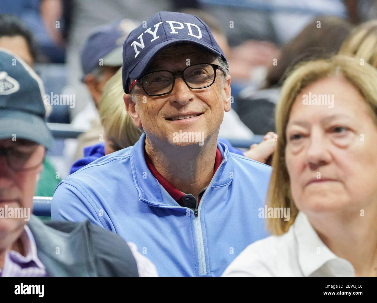 Sept 8, 2017; New York, NY, USA; Bill Gates watches Kevin Anderson of South  Africa (not pictured) play Pablo Carreno Busta of Spain (not pictured) in  Ashe Stadium at the USTA Billie
