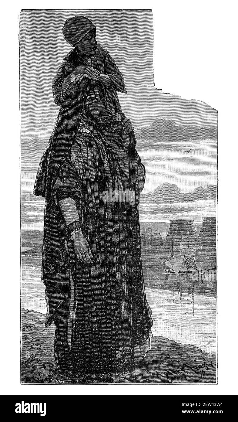 Fellah woman, Egypt. Culture and history of North Africa. Vintage antique black and white illustration. 19th century. Stock Photo