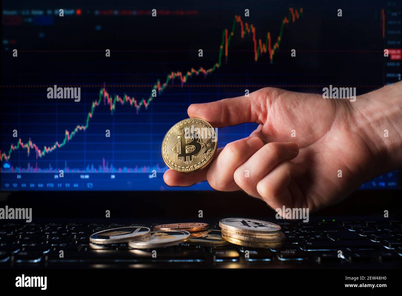 Business men holding golden bitcoin on computer trading chart background.  Bitcoin as most important cryptocurrency concept Stock Photo - Alamy