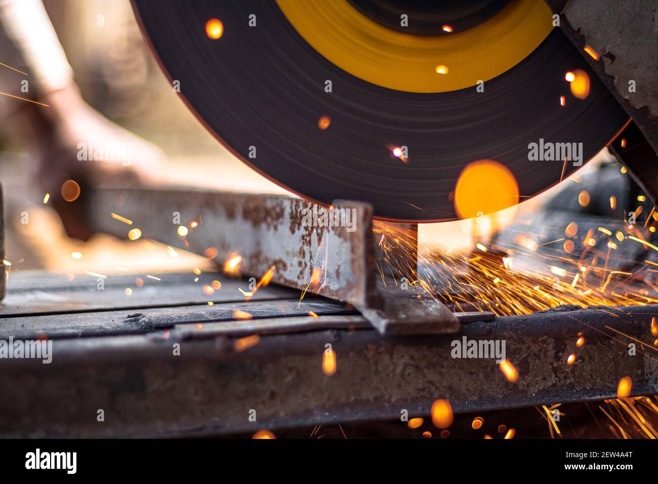 closeup of circular grinder cutting iron Stock Photo