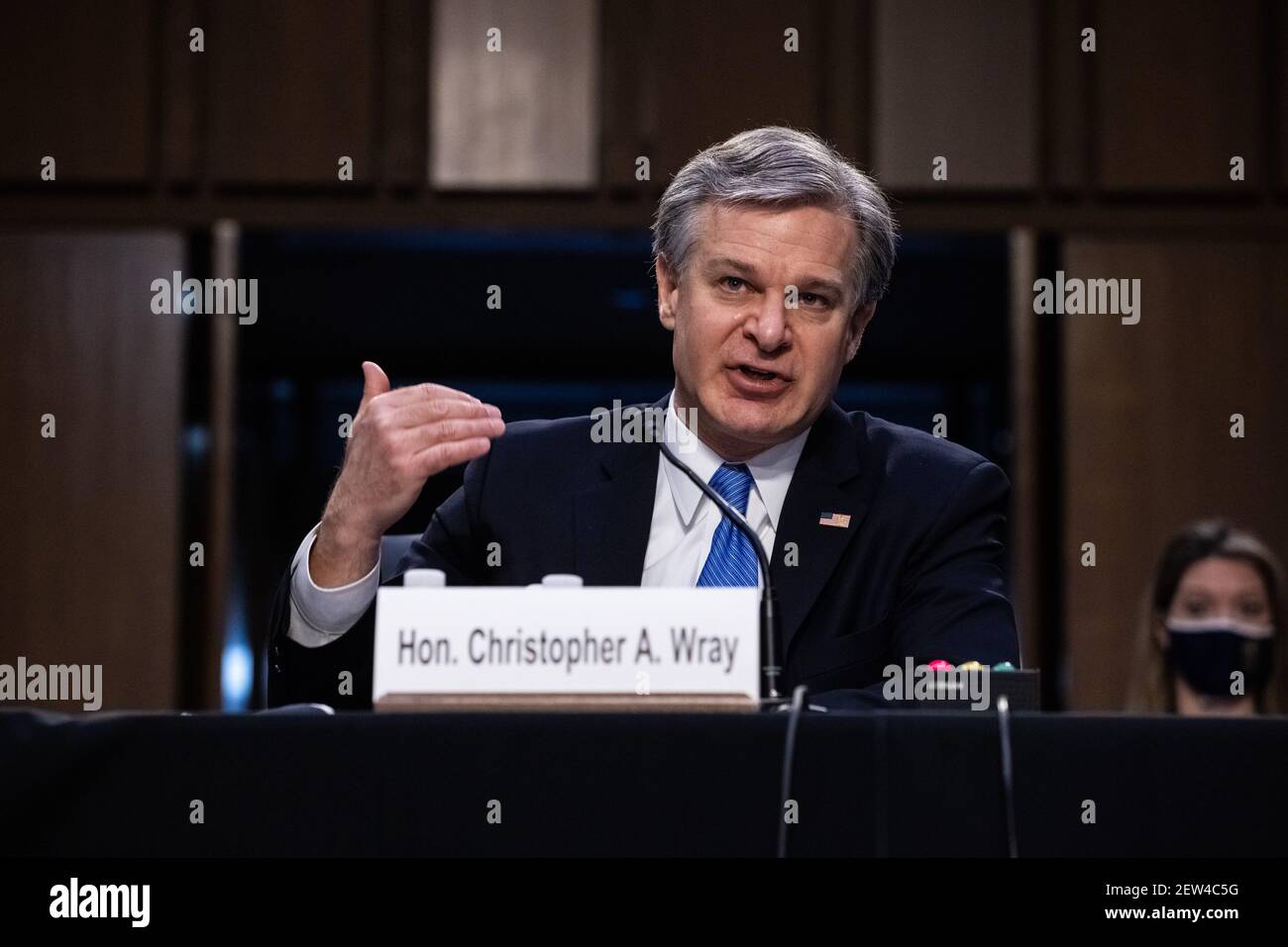 Federal Bureau of Investigation Director Christopher Wray testifies on Capitol Hill, in Washington, before a Senate Judiciary Committee on the the January 6th Insurrection, domestic terrorism and other threats, Tuesday, March 2, 2021.Credit: Graeme Jennings/Pool via CNP /MediaPunch Stock Photo