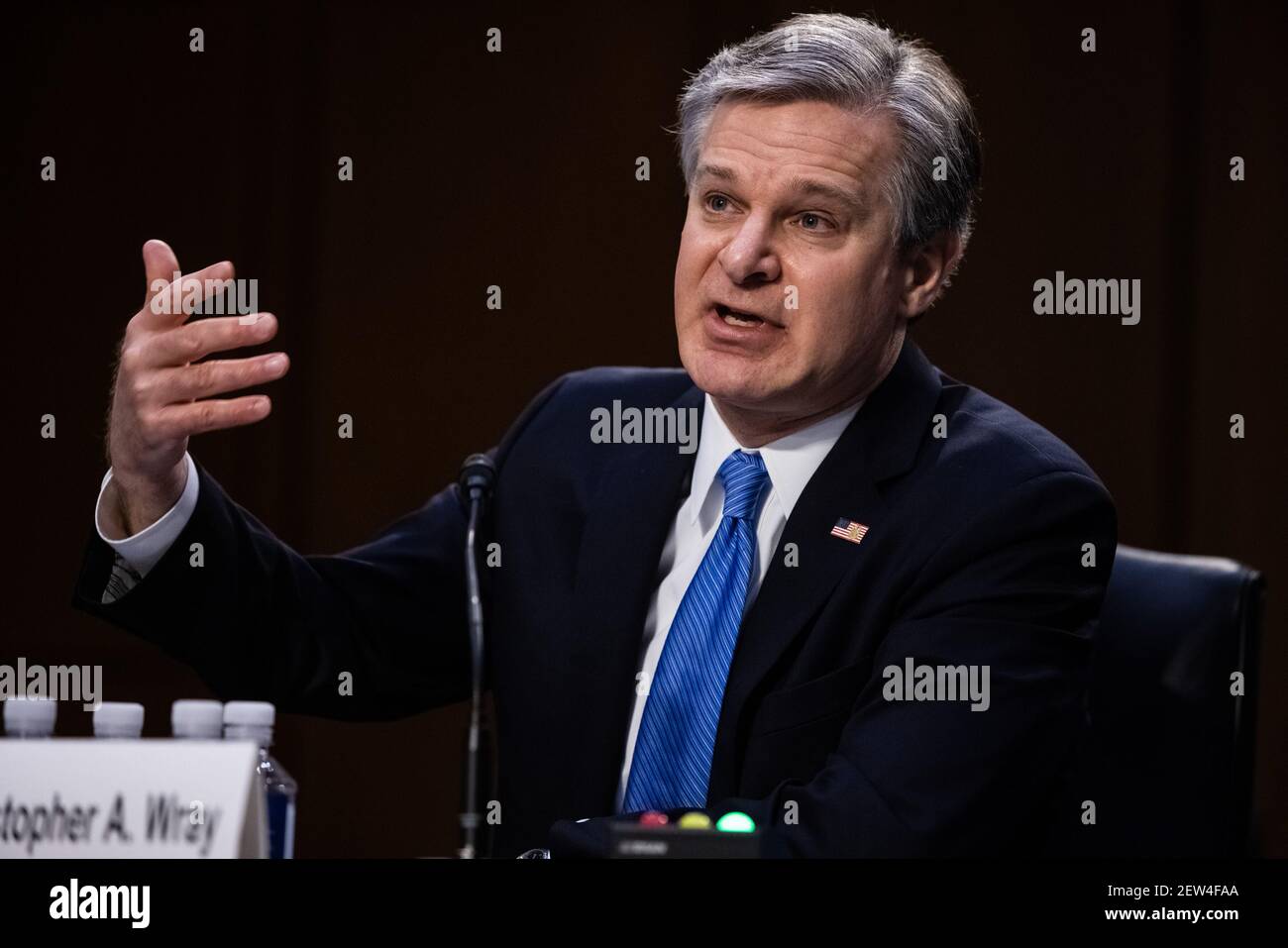 Federal Bureau of Investigation Director Christopher Wray testifies on Capitol Hill, in Washington, before a Senate Judiciary Committee on the the January 6th Insurrection, domestic terrorism and other threats, Tuesday, March 2, 2021.Credit: Graeme Jennings/Pool via CNP /MediaPunch Stock Photo