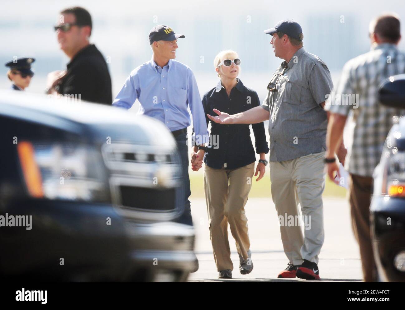 Sep 14, 2017; Fort Myers, FL, USA; Florida governor Rick Scott and his wife Ann arrive Thursday at Southwest International Airport in Fort Myers to greet President Donald Trump. The President will be visiting areas that were ravaged by Hurricane Irma. Mandatory Credit: Kinfay Moroti/News-Press via USA TODAY NETWORK Stock Photo