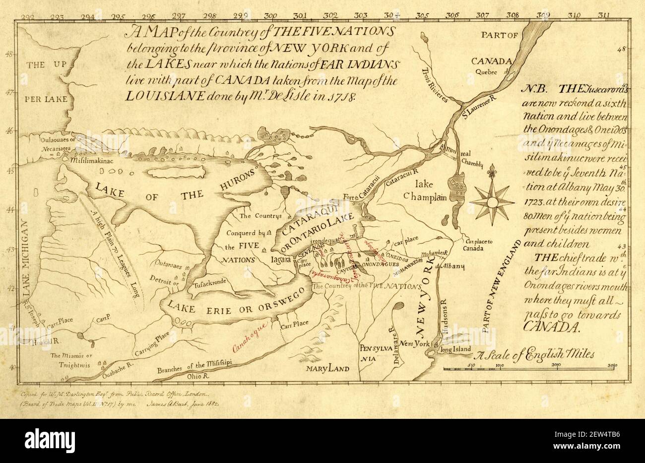 A 1730 map of the Iroquois Confederacy (also known as the Five Nations or the Iroquois League). Stock Photo