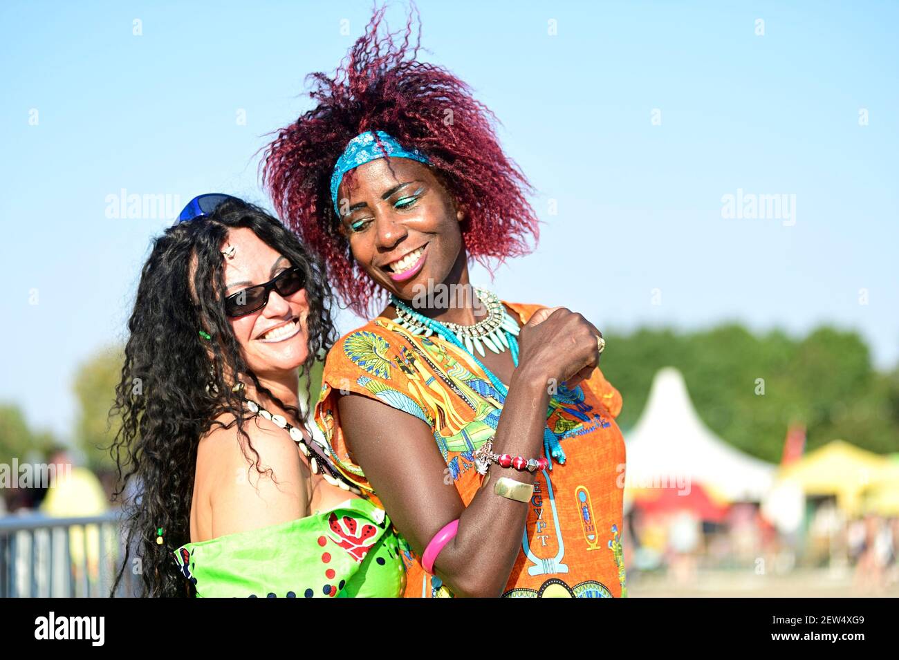 Vienna, Austria. August 10, 2015. Impressions from the 2015 festival season on the Danube Island in Vienna. Two festival goers Stock Photo