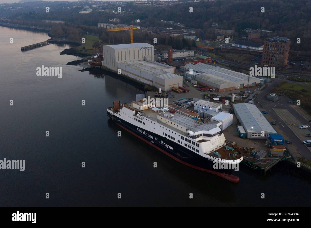 Port Glasgow, Scotland, UK. 2nd Mar, 2021. Pictured: Ferguson Marine ship yard seen from the air. Credit: Colin Fisher/Alamy Live News Stock Photo