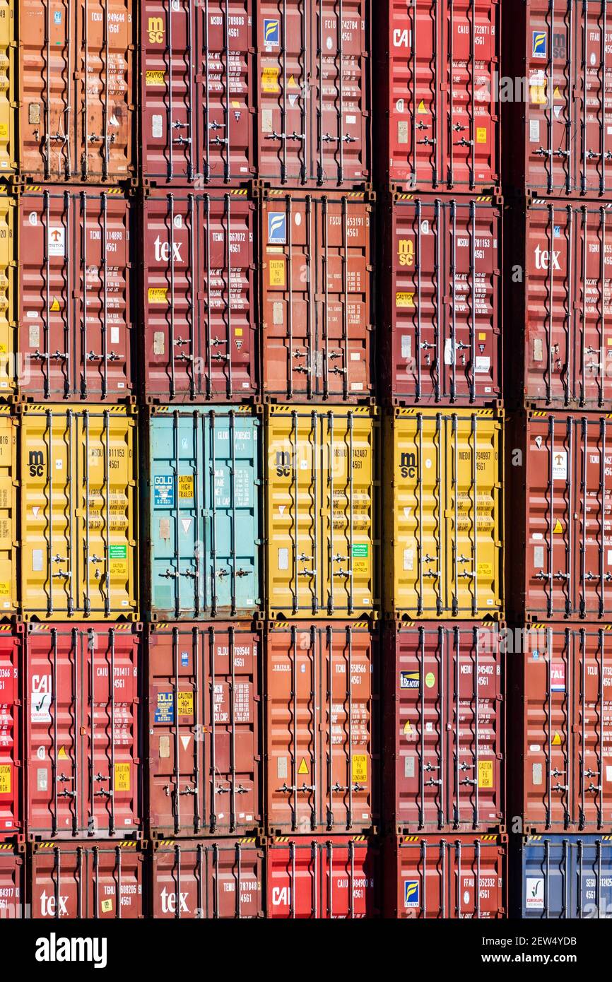 Stacked intermodal, ISO or shipping containers at DuisPort container terminal, Ruhrort harbour, Duisburg, Germany Stock Photo