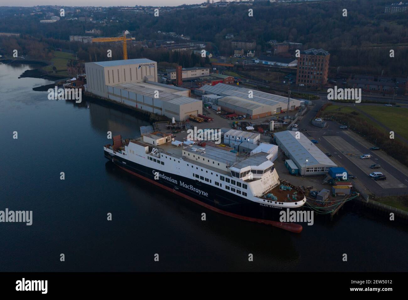 Port Glasgow, Scotland, UK. 2nd Mar, 2021. Pictured: Ferguson Marine ship yard seen from the air. Credit: Colin Fisher/Alamy Live News Stock Photo