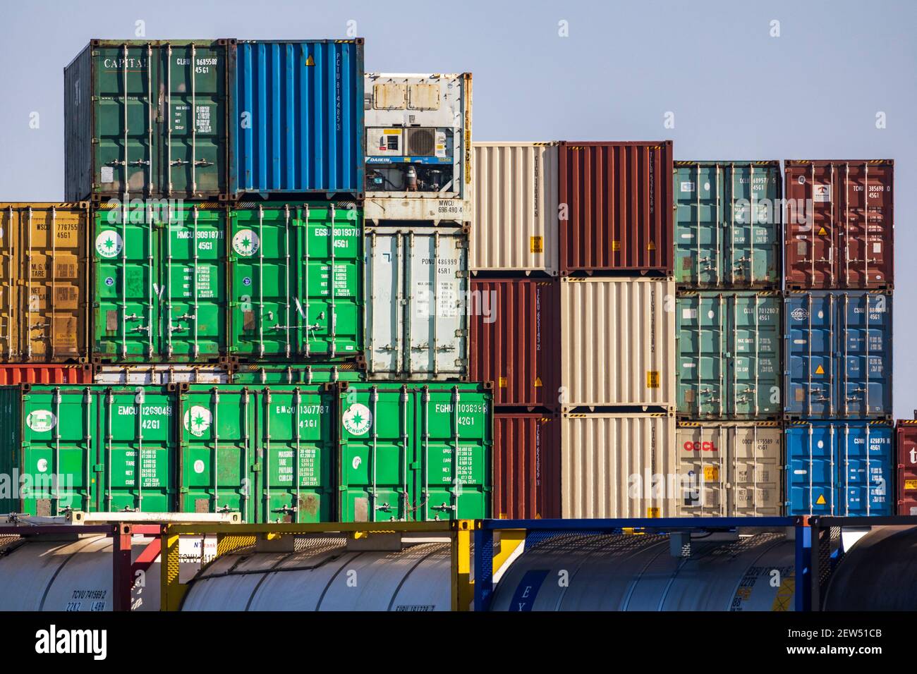 Stacked intermodal, ISO or shipping containers at DuisPort container terminal, Ruhrort harbour, Duisburg, Germany Stock Photo