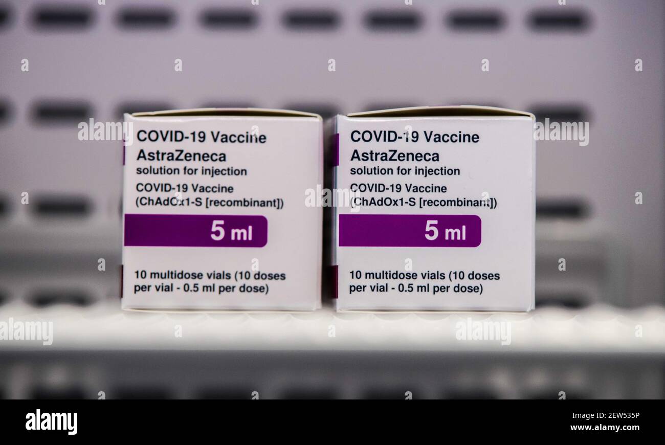 Munich, Bavaria, Germany. 2nd Mar, 2021. Packages of AstraZeneca's anti-Coronavirus vaccine. Starting with some 10,000 doses of the AstraZeneca Covid-19 vaccine, the Bavarian Police has begun vaccinating its Bereitschaftspolizei and Einsatzeinheiten- specialized police units that deal with demonstrations, riots, and other missions. Germany's vaccine program has been criticized for being extremely slow, with numerous nations surpassing not only percentage of the population vaccinated, but also absolute numbers as they vaccinate those at risk and simultaneously the general population to achi Stock Photo
