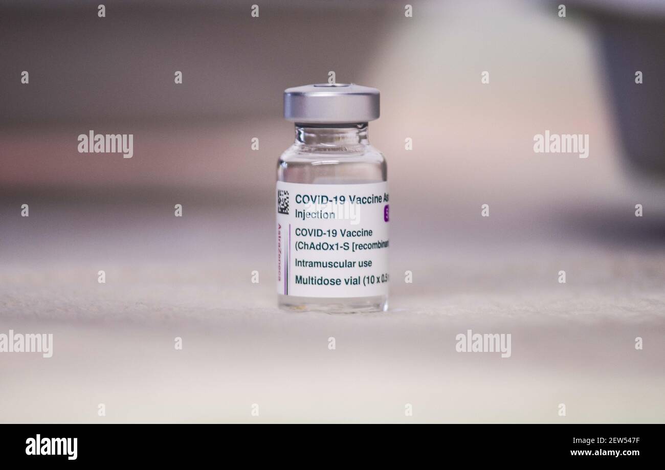 Munich, Bavaria, Germany. 2nd Mar, 2021. Vials of the AstraZeneca Covid vaccine. Starting with some 10,000 doses of the AstraZeneca Covid-19 vaccine, the Bavarian Police has begun vaccinating its Bereitschaftspolizei and Einsatzeinheiten- specialized police units that deal with demonstrations, riots, and other missions. Germany's vaccine program has been criticized for being extremely slow, with numerous nations surpassing not only percentage of the population vaccinated, but also absolute numbers as they vaccinate those at risk and simultaneously the general population to achieve herd imm Stock Photo