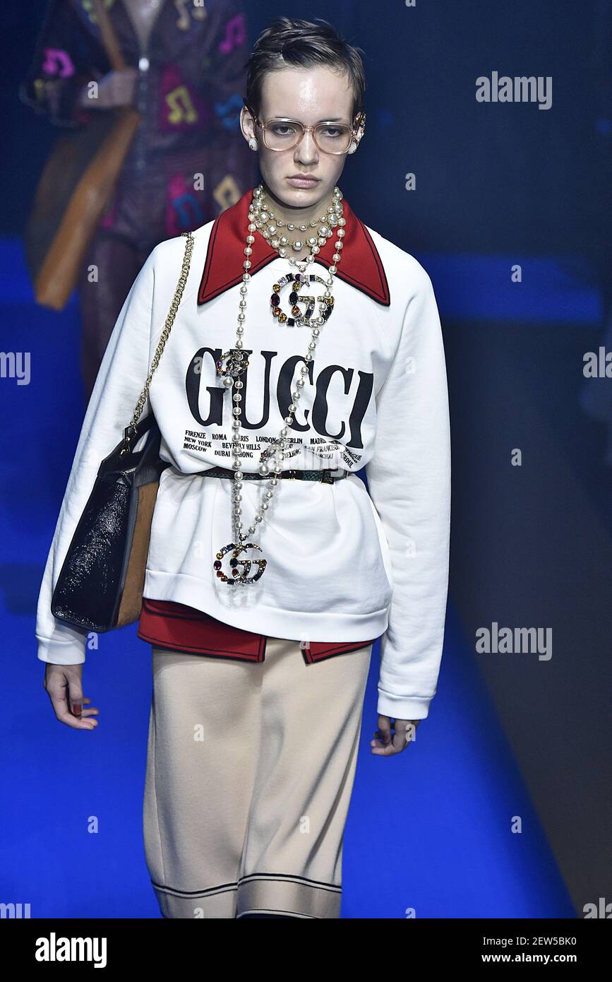 Model Oslo Grace walks on the runway during the Gucci Fashion Show during  Milan Fashion Week Spring Summer 2018 held in Milan, Italy on September 20,  2017. (Photo by Jonas Gustavsson/Sipa USA